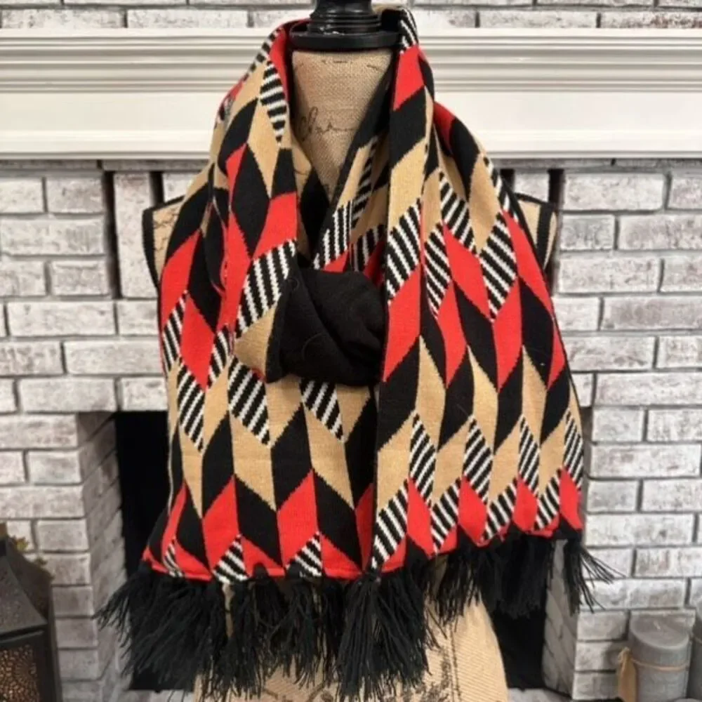 Vera Bradley Red Black Chevron Jacquard Knit Fringe‎ Scarf Winter Black Red Tan